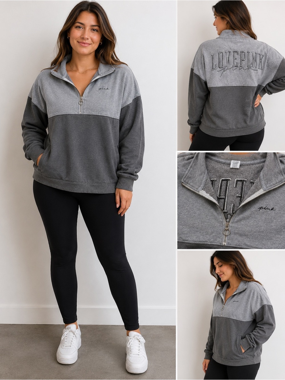PINK Victoria’s Secret Quarter Zip Pullover Gray Colorblock Sweatshirt Large